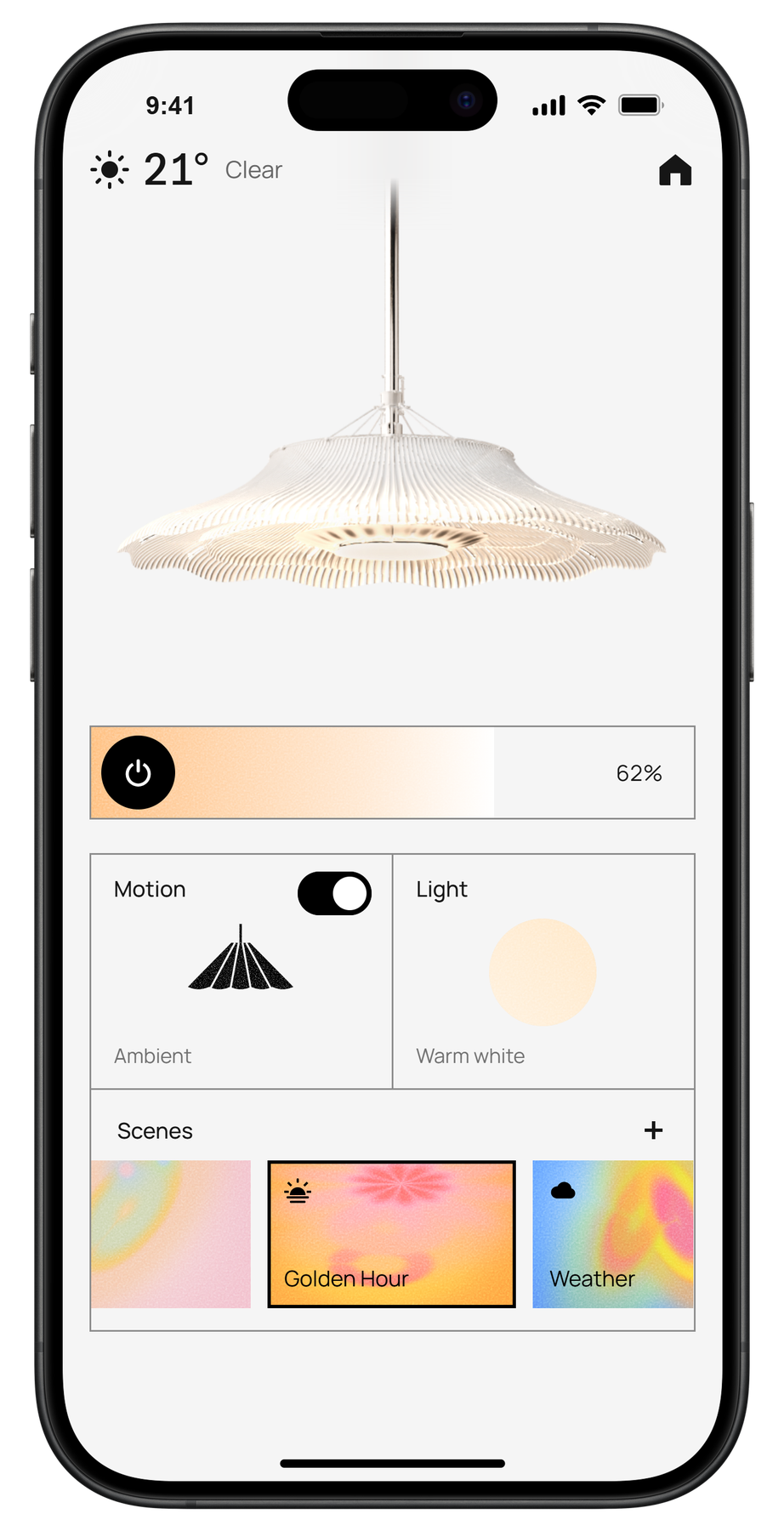Lumen app home screen: lamp, brightness, Motion and Light tiles, scenes