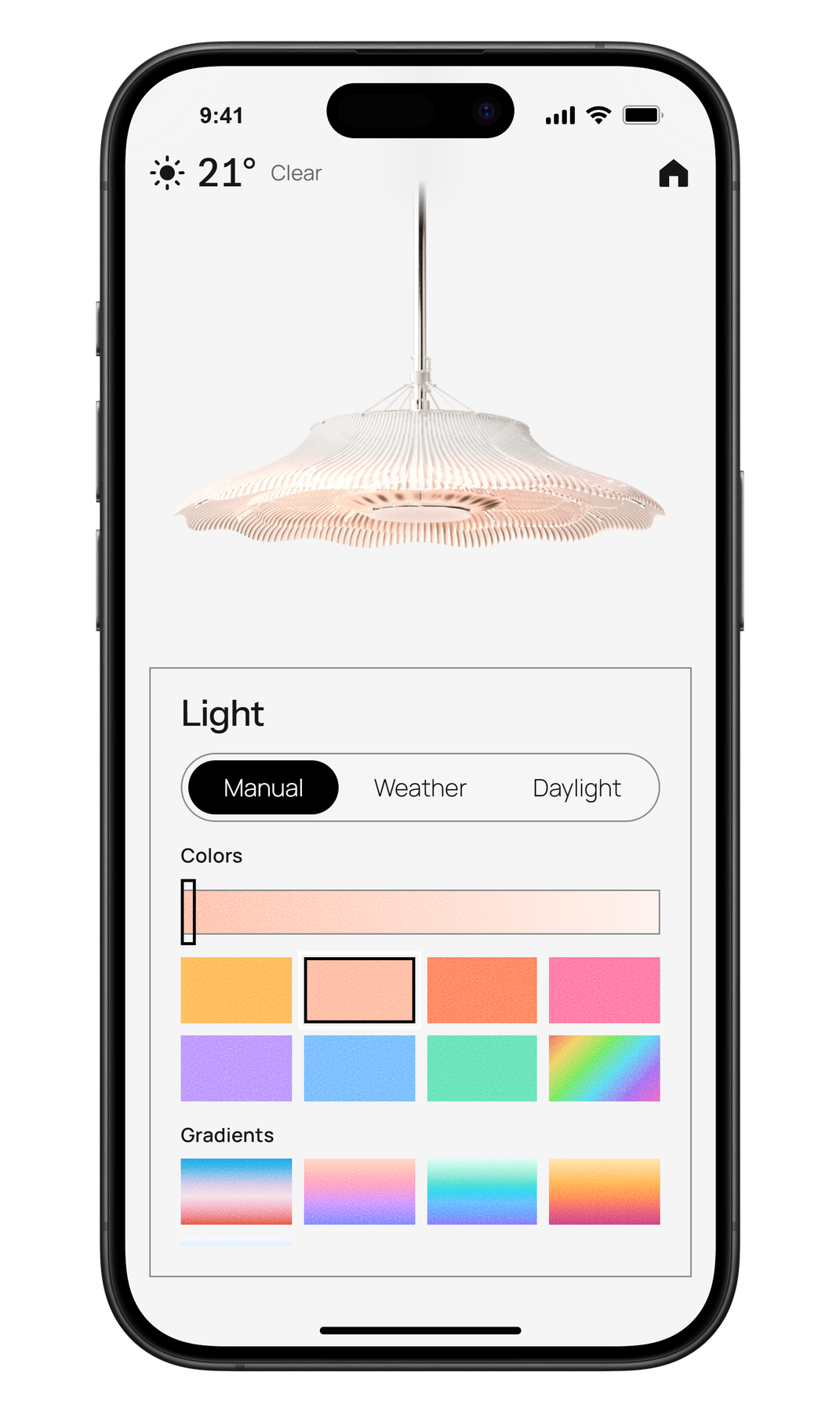 Lumen app Light panel: manual, weather and daylight modes, colours and gradients